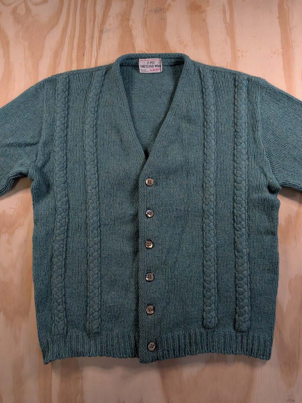 Vintage Shetland Wool Cardigan Sweater Nu Knit 2-Ply Teal Size M